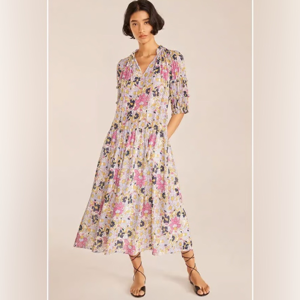 Rebecca Taylor Floral Midi Dress - Multicolor Size Small Puff Sleeve